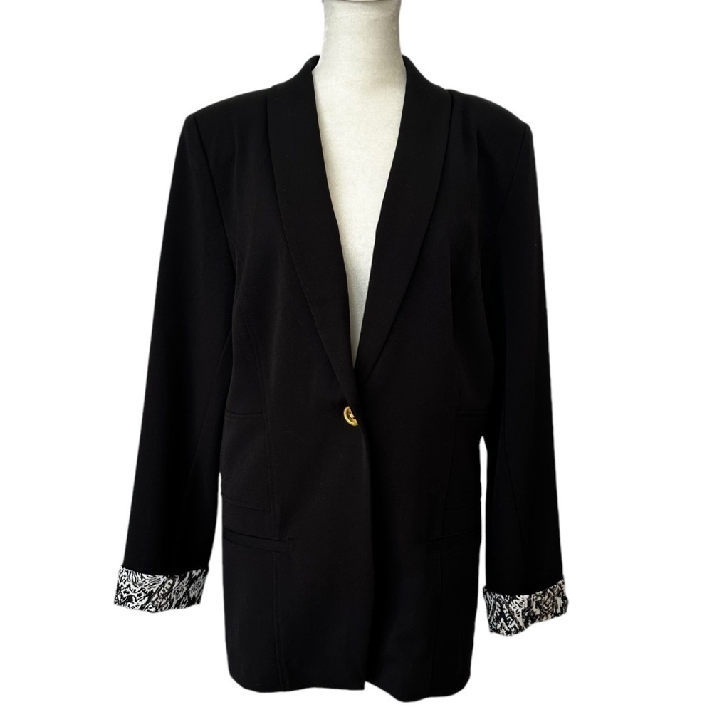 IMAN HSN Global Chic Shawl Collar Black Blazer Animal Print Cuffs Size Medium